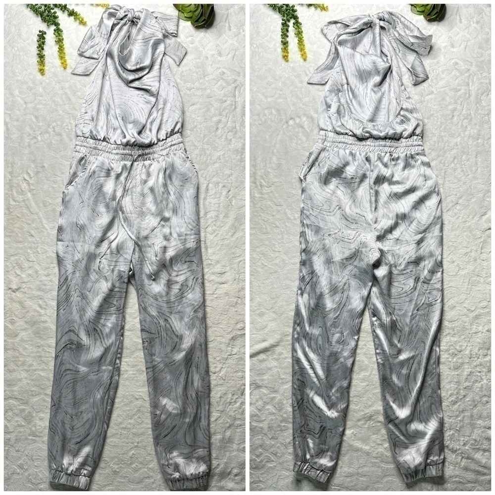 Caramela Marble Print Satin Halter Top Jumpsuit in White and Gray Womens Small